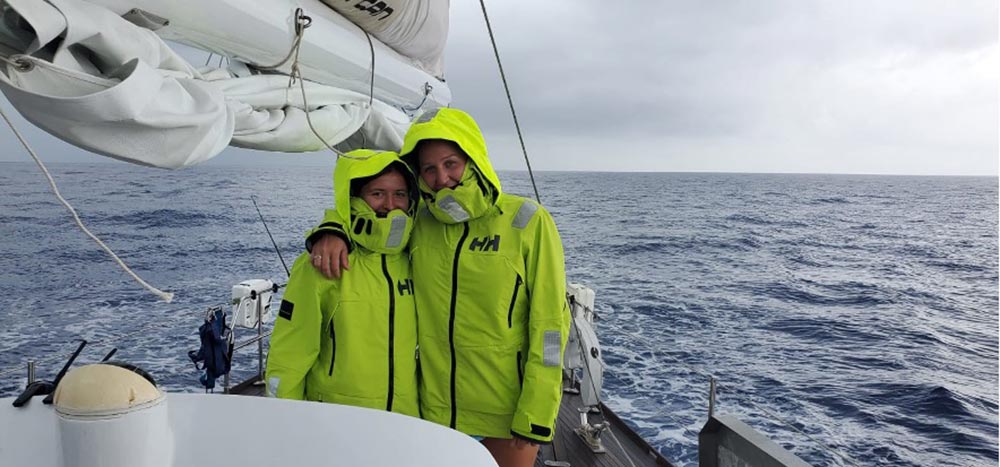 Anna and Robin on watch after undergoing a squall on day three of the voyage.