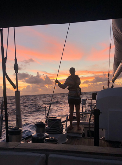 Kylie on watch as the sun rose over the Caribbean Sea